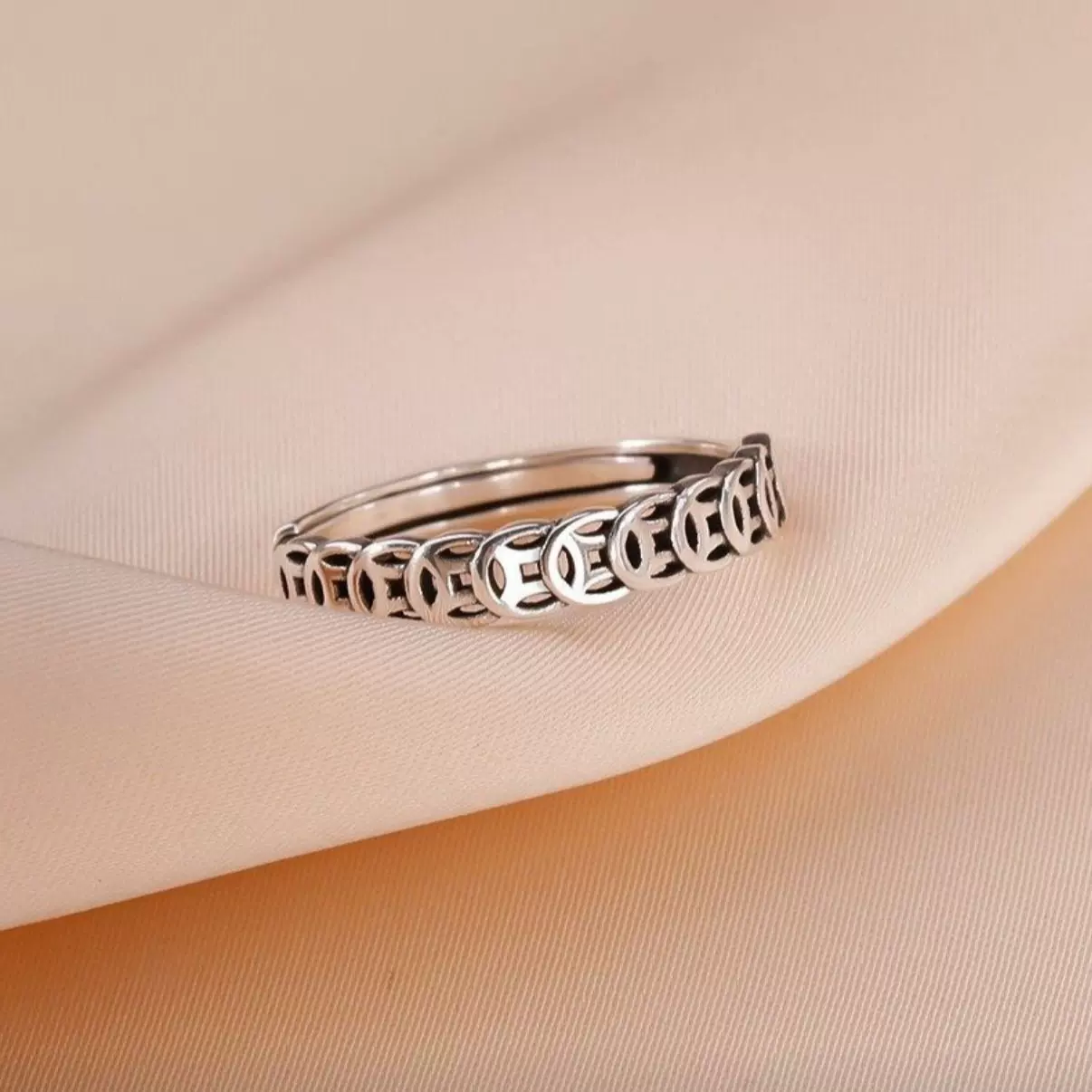 s999足银钱多多复古风铜钱戒指简约时尚招财转运指环气质小众手饰