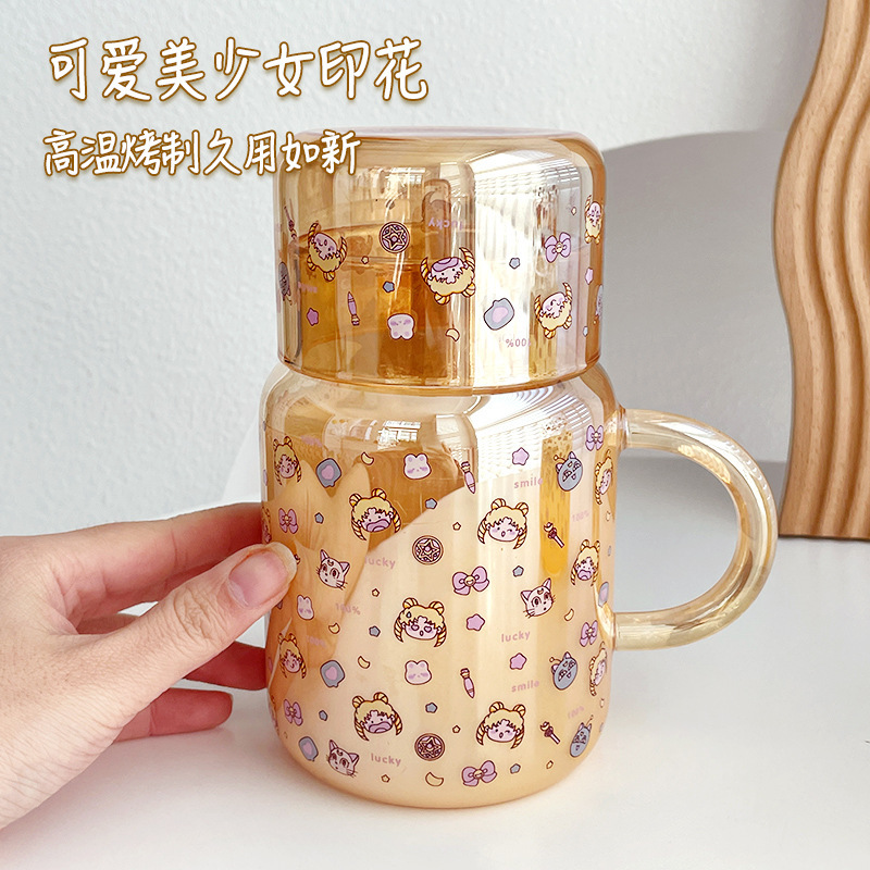 家庭用蓋付きグラス高颜値女高ホウ素シリコンコップ取っ手付きアニメ牛乳コップジュース飲料コップ|undefined