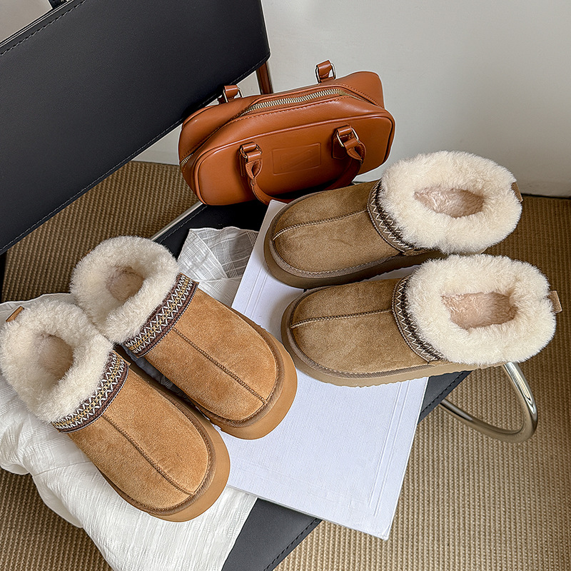 Giày bốt tuyết đế dày nữ mũi tròn lót lông cừu ấm áp kiểu dép nửa Birkenstock — con lạc đà