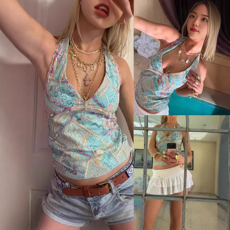 Y2K Women's Sequin Beaded Top Bohemian Backless Beach Top Sexy Party Nightclub Camisole