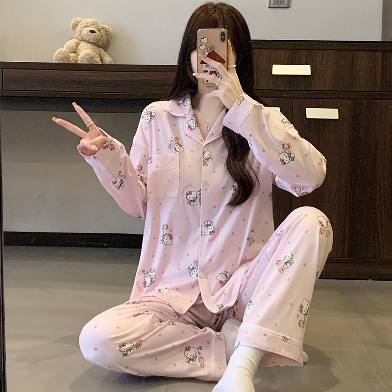 Al por mayor transfronterizo nuevo primavera y otoño pantalones de manga larga pijamas cardigans con ropa casualizada de algodón de dibujos animados