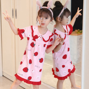 Children's Summer Nightgown Princess Solid Color Cotton Short-sleeved Thin Little Girl Baby Home Clothes Parent-child Mother and Girl Nightgown
