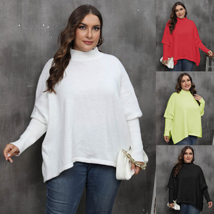 Women's Pullover Top Cross-Border European and American Plus Size Women's Loose Woven Sweater Slit Bat Sleeve Half Turtleneck Sweater