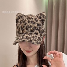 新款豹纹棒球帽女秋冬季加厚保暖羊羔毛绒帽子韩版时髦洋气鸭舌帽