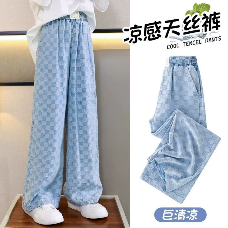 2025 новые британские женские летние брюки Nextkiss из ледяного шелка, тонкие, средние и большие, детские стильные клетчатые прямые широкие брюки