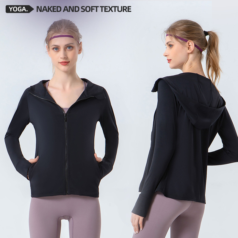 2024 primavera y verano nueva ropa de yoga cuello alto suelto cremallera chaqueta con capucha de secado rápido adelgazante bolsillo ropa de entrenamiento