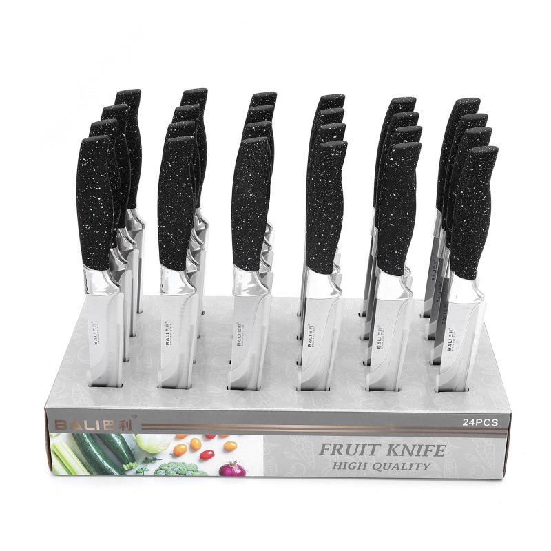 Spot al por mayor caja de exhibición de acero inoxidable herramienta galvanoplastia mango de punto de pulverización juego de cuchillos de frutas afiladas juego completo para el hogar