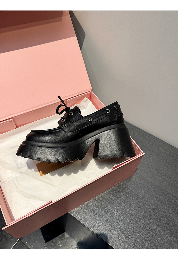 Giày loafer nữ đế xuồng platform dây buộc phong cách Anh quốc – mũi sâu, da bóng, gót 5 cm — Đen (bóng), Đen (mờ) chi tiết 19