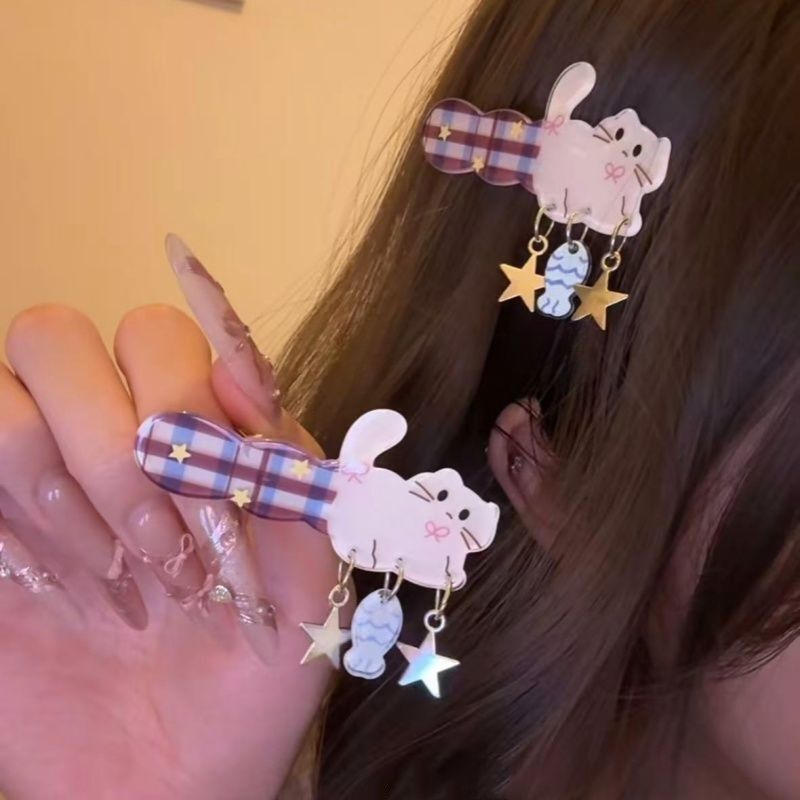 "Kitten Fishing" Unique Red and Blue Plaid Acrylic Cat Hairpin Blue Fish Pendant Hair Accessory Side Clip