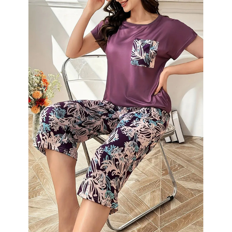 Cross-Border European and American New Style Four-Season Women's Pajamas Printed Round Neck Short-Sleeved Three-Quarter Pants Set Thin Home Wear Wholesale Cross-Border European and American New Style Four-Season Women's Pajamas Printed Round Neck Short-Sleeved Three-Quarter Pants Set Thin Home Wear Wholesale