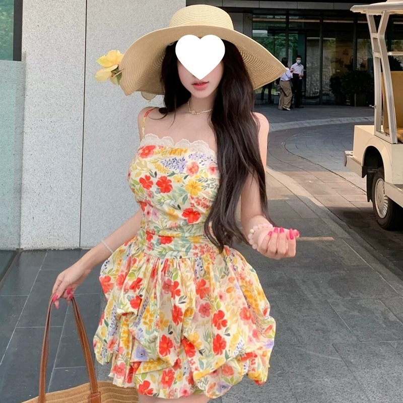 原版做法有内里法式碎花收腰吊带连衣裙女气质蕾丝拼接花苞裙短裙