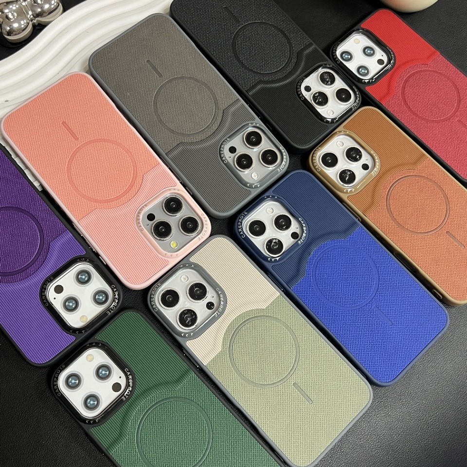 适用新款iPhone16promax磁吸皮套手机壳肤感皮双色拼接皮革保护套