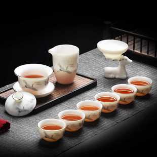 Kung Fu Small Pottery White Porcelain Dehua Mutton Fat Jade Tea Set Accessible Luxury Kung Fu Tea Set Supplies Cover Bowl Tea Cup Set for Home Use