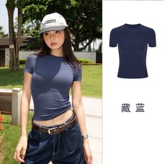半袖レディース人気2025新作右肩Tシャツレディース無地夏ラウンドネックスリムフィットTシャツトップトレンディ