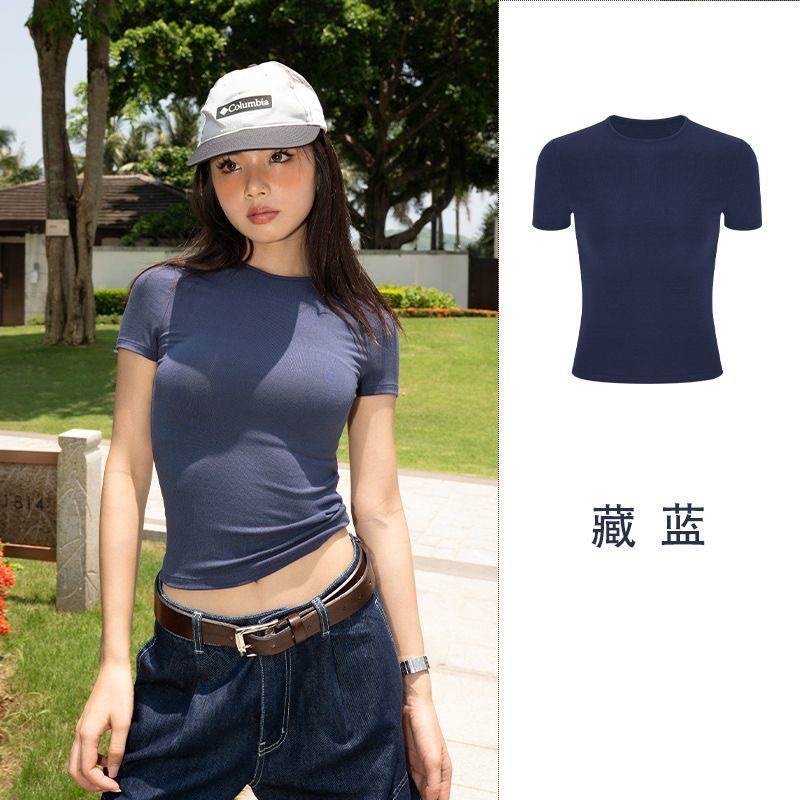 半袖レディース人気2025新作右肩Tシャツレディース無地夏ラウンドネックスリムフィットTシャツトップトレンディ|undefined