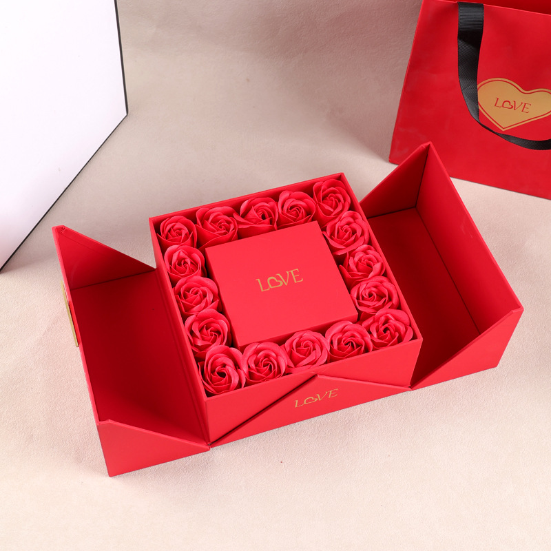 浪漫情人节双开玫瑰花首饰盒七夕送女友礼物盒跨境永生花包装盒