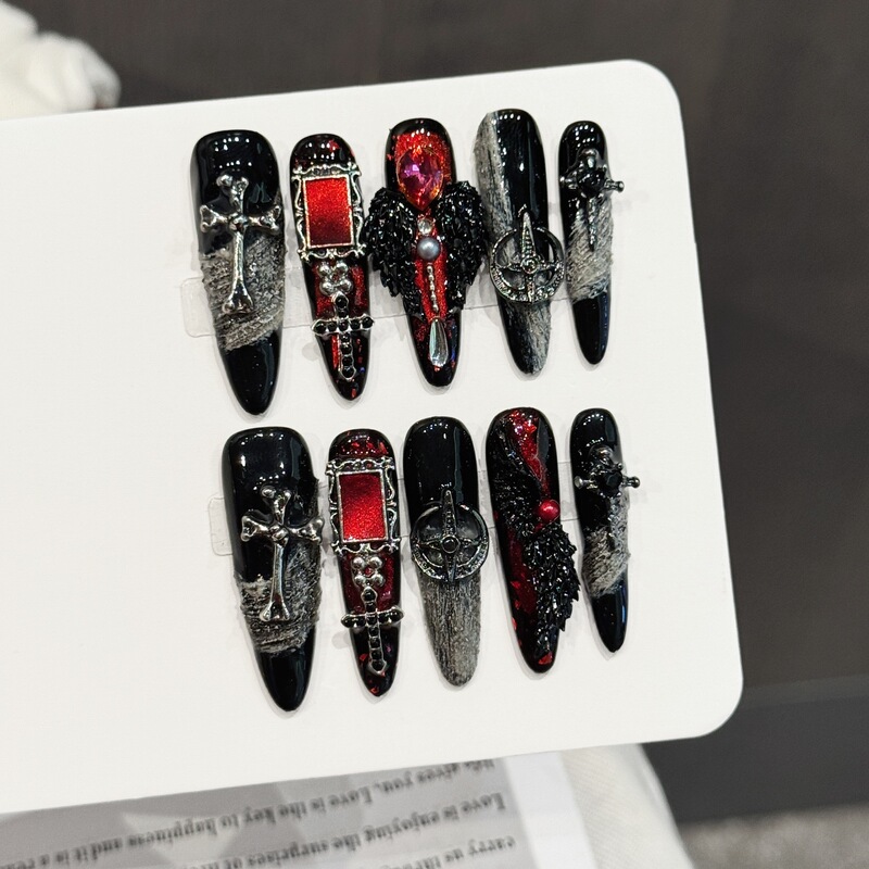 Yihe Original [Dark Realm Cross] Black and Red Gothic Style Wearable Nail Cross Dark Retro Cool Nail Art Pieces