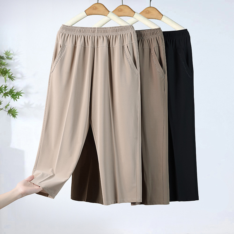 Summer Casual Versatile Thin Cropped Pants for Middle-Aged Moms, Loose Large Size Ice Silk Straight-Leg Pants for Middle-Aged and Elderly Women