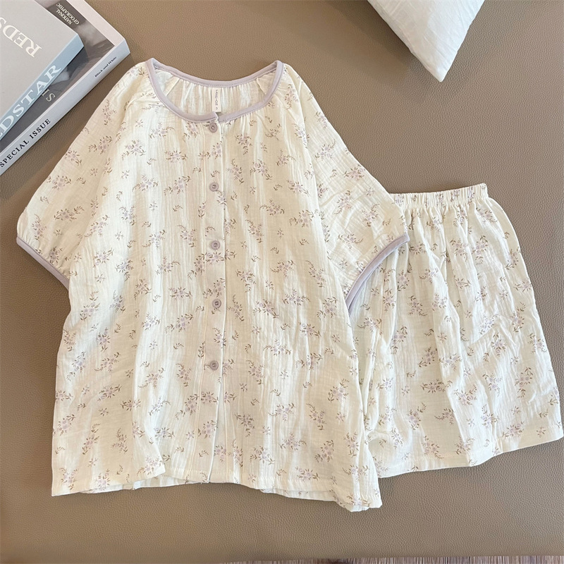 双层纯棉纱布睡衣女春秋季新款长袖日系甜美碎花全棉家居服夏|undefined