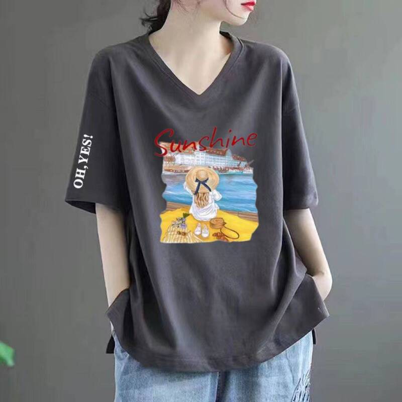 2024 Summer New Imitation Cotton Short-sleeved T-shirt Women's Short V-neck Top Age-reducing Slimming Middle-aged Mother's Women's Clothing