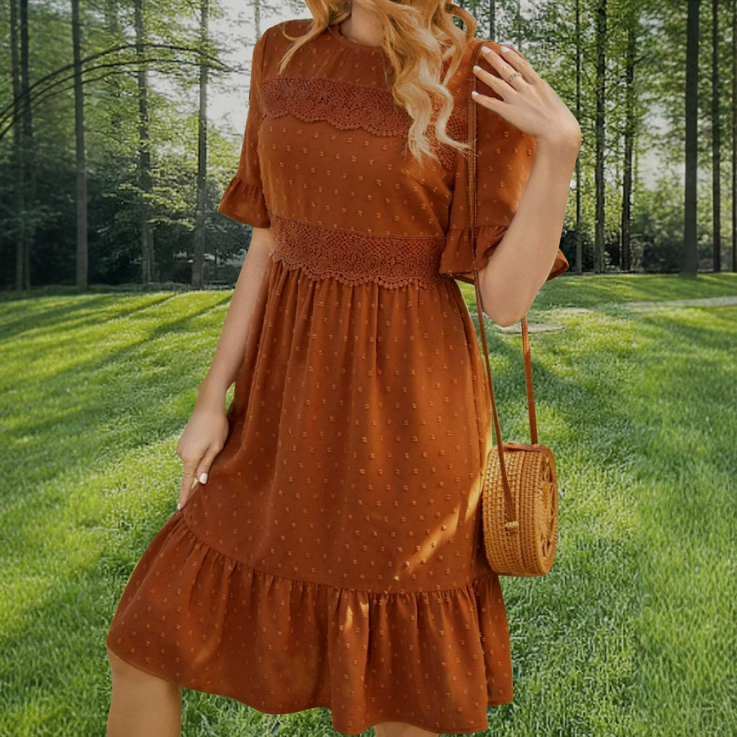 Европейские и американские Amazon весна и лето новые женские кружевные сшитые сплошные платья с круглым вырезом и рукавами лотоса