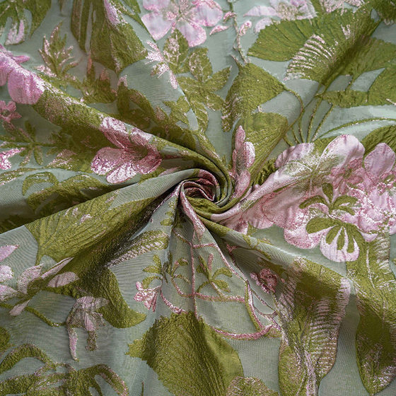 Green gold silk pink flower embossed pleated jacquard hanging cloth fabric spring and autumn Dress Bouquet decorative fabric
