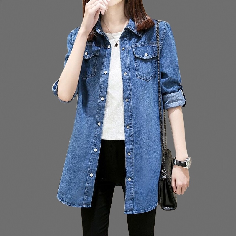 [Can Be Worn in All Seasons] Denim Shirt for Women, Long-Sleeved, Spring & Fall New Style, Large Size, Mid-Length, Loose Shirt, Sun Protection Jacket