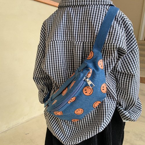 ins fashion new Korean version of smiling face denim children boys and girls handsome mobile phone chest bag waist bag bag trendy bag