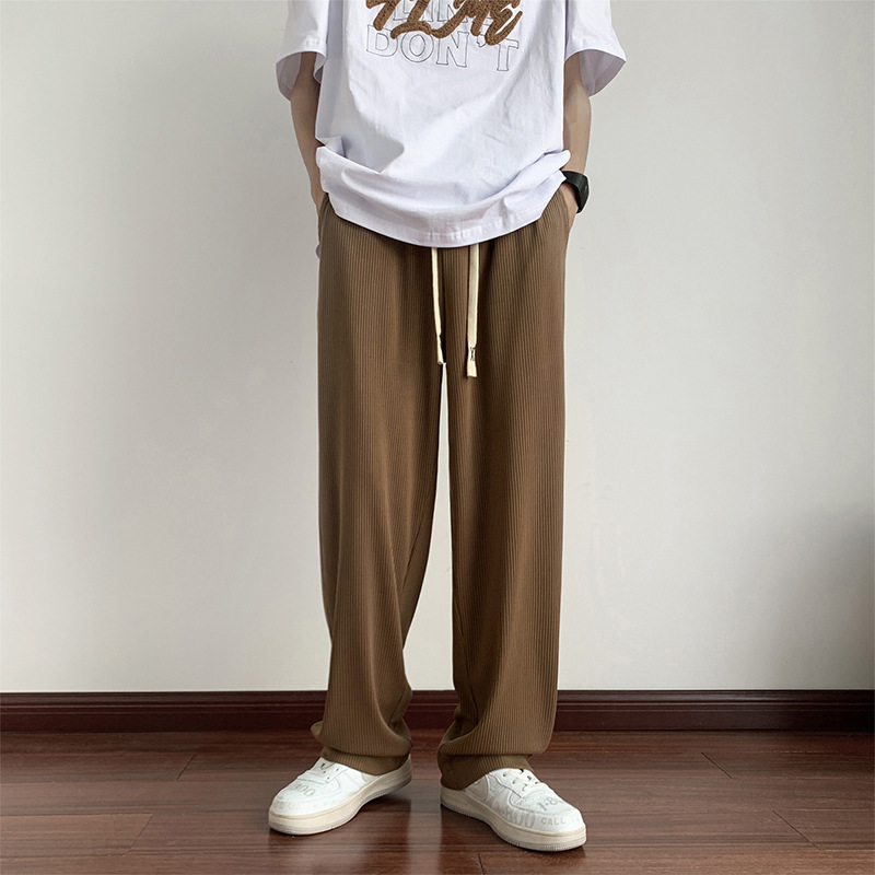 Hombres drapeado de seda marrón hielo pantalones verano americano Delgado casual alta calle moda marca suelta recta pierna ancha Pantalones