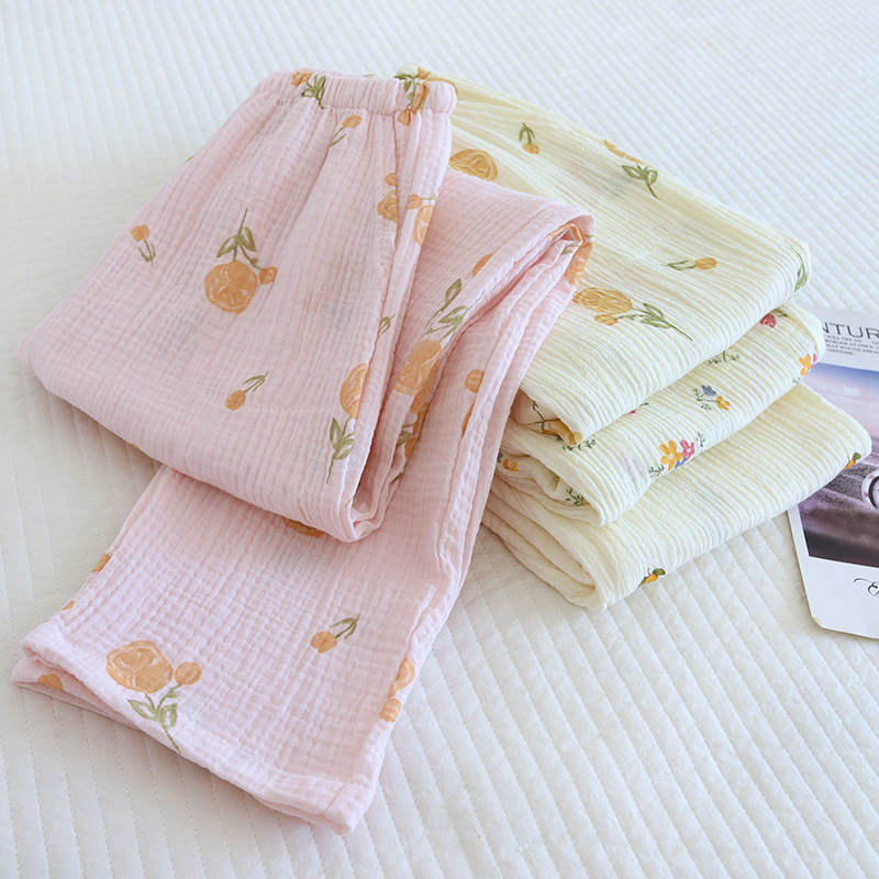 Spring And Summer New Trousers Women's Cute Flowers Thin Section 100%Cotton Crepe Casual Pants Loose Home Pants Women Bottoms