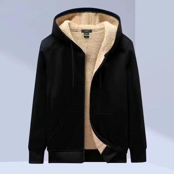 2024 Fall/Winter fleece-lined Thickened Casual Fashion Zipper Cardigan Men's Solid Color Loose plus size Hooded Jacket