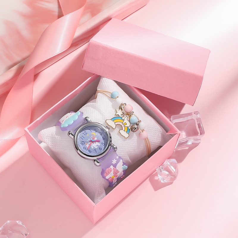 New Children's Cartoon Pattern Watch Purple Unicorn Dial 3D Silicone Strap Rainbow Beads Bracelet Set