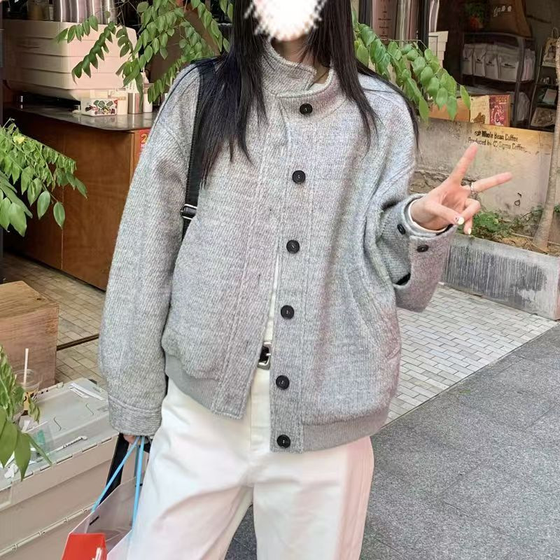 美式复灰色古立领夹克外套女春秋新款休闲百搭宽松百搭休闲棒球服