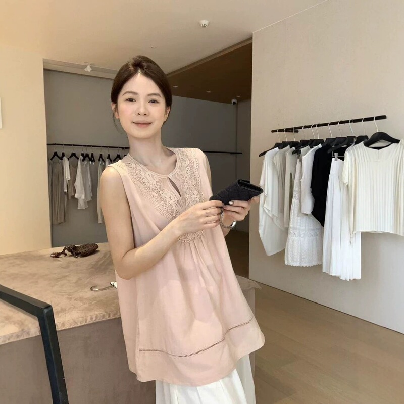 Hers Sweet Summer Gentle Wind Jacquard Lace Patchwork Loose Slimming Pullover V-Neck Sleeveless Top 80492