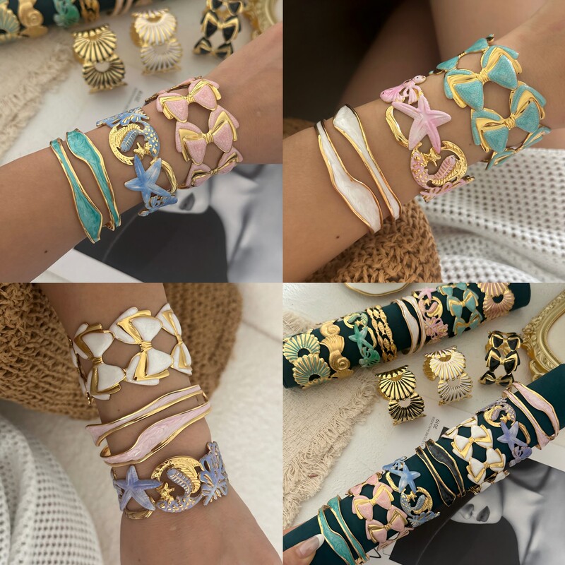 European and American Resort-Style Enamel Ocean Element Bracelet Set, Starfish Bowknot Crescent Wide Open Bracelet European and American Resort-Style Enamel Ocean Element Bracelet Set, Starfish Bowknot Crescent Wide Open Bracelet