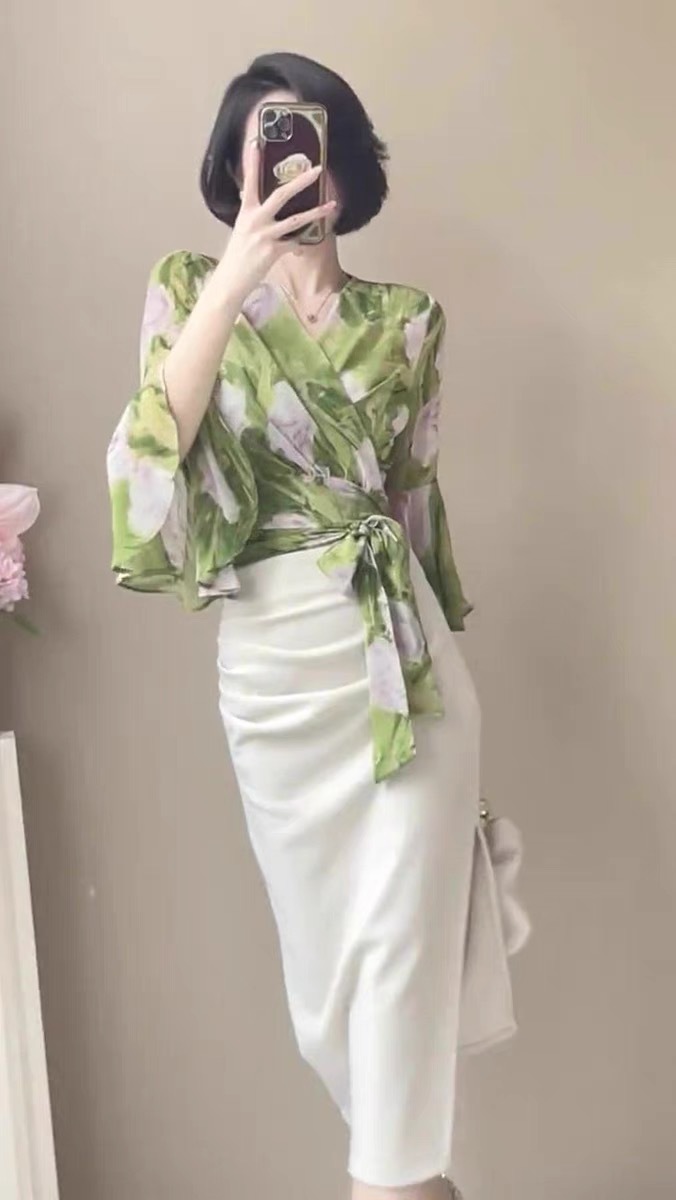 Set áo sơ mi hai mảnh váy liền nữ thần khí chất mùa hè — Áo xanh + váy trắng chi tiết 7