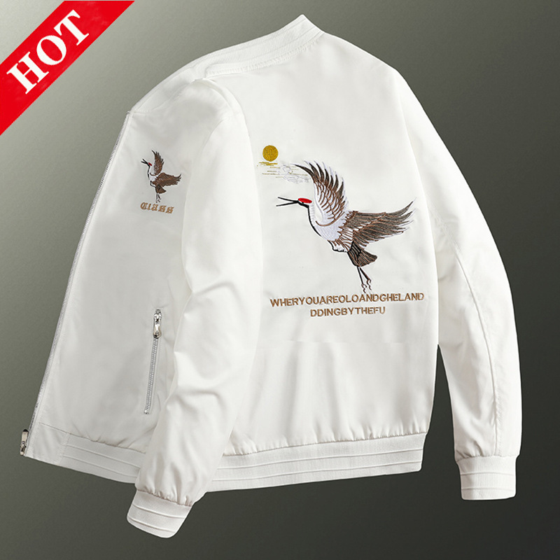 Fashionable Brand White Crane Jacket Men's Embroidered Jacket European Station Men's European Trendyy Korean Style Pilot Baseball Uniform