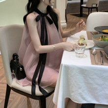 生日趴女主～ 经典粉黑系带挂脖连衣裙女温柔短裙
