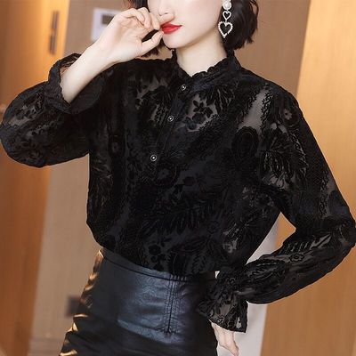 Large Long sleeve Stand collar Flocking shirt 2021 new pattern Autumn and winter Women's wear Jinsirong Base coat T-shirt jacket