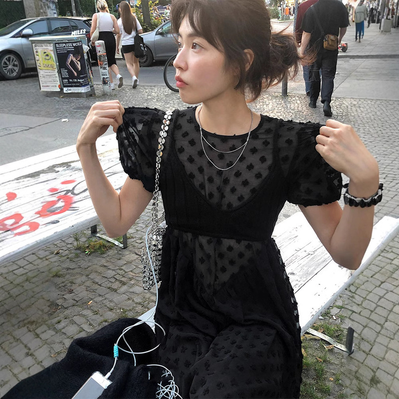 in stock Micro-transparent Round Neck Waist dress Women's 2025 Summer Stacked and Fresh Art Short-sleeved A- line Long Dress