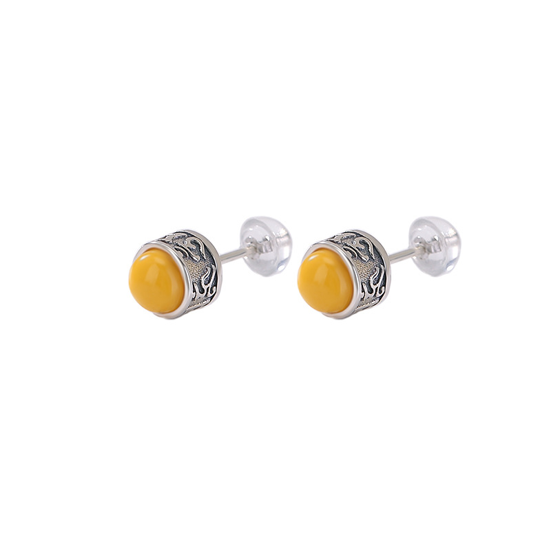 Bông tai bạc S925 hình tổ ong retro cổ điển, mặt tròn khắc chữ thần chú — một cặp