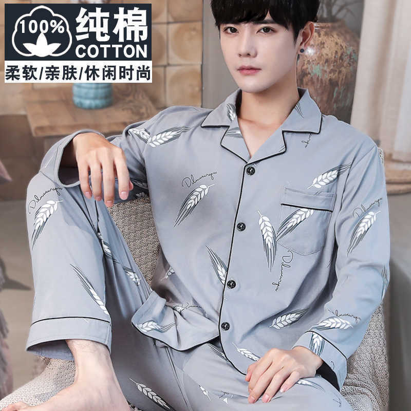 Pijamas 100% algodón de los hombres de manga larga pantalones de primavera y otoño de mediana edad suelta más tamaño desgaste del hogar traje de dos piezas