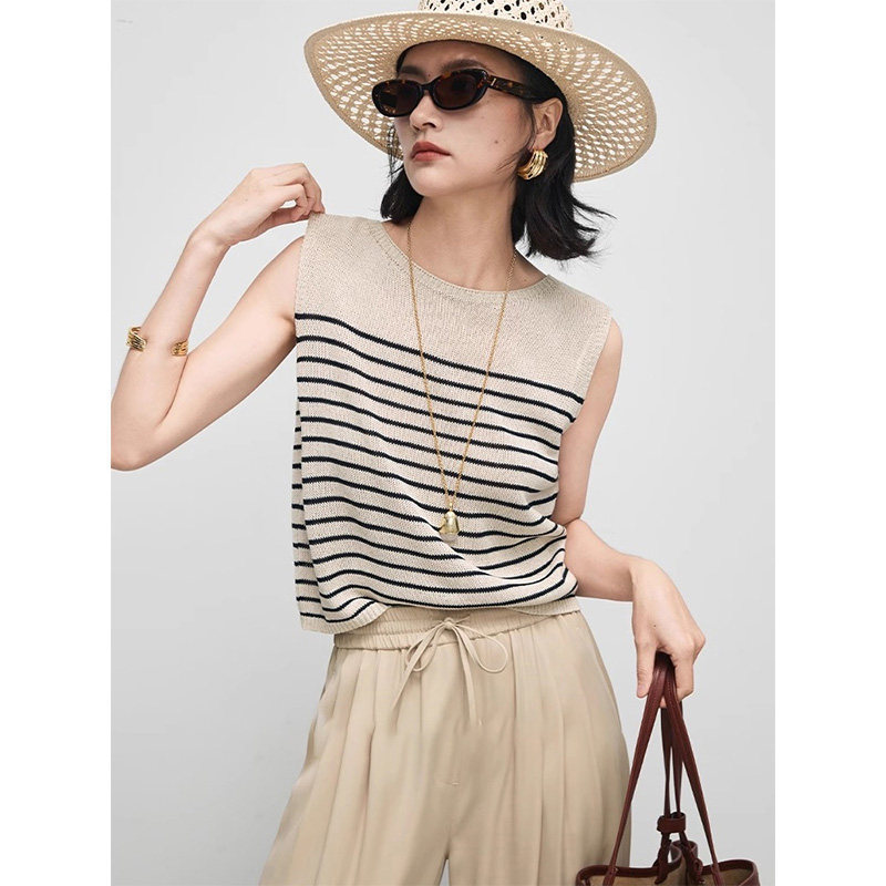 Old Money Style Striped Ice Silk Linen Knit Vest for Women, Summer Outerwear, Thin Loose Casual French Sleeveless Top