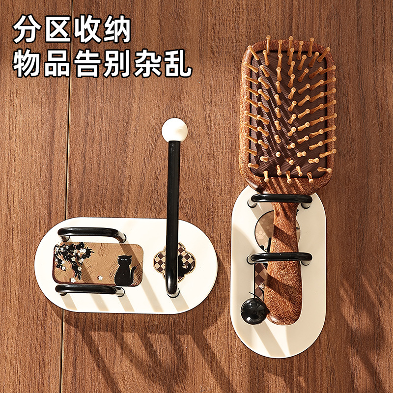 ✅ Retro Mid-Century Style Hair Tie Hook Comb Storage Bathroom Punch-Free Wall Hair Accessories Headband Storage Rack