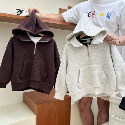 Texture  Autumn New Children's Half Zip Pleated Sweatshirt for Boys and Girls Solid Color Bubble Pleat Hooded Sweatshirt