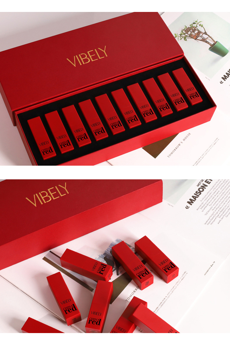 VIBELY China Red Non-Stick Cup Rim Red Gift Box Set of 10 matte matte non-fading Bright Red lipsticks undefined