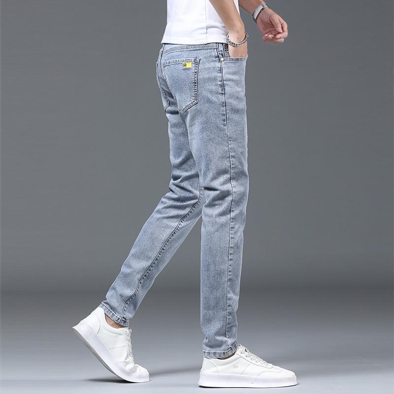Printemps et automne mince hommes jeans tendance polyvalent couleur claire minceur petite jambe coquin beau mode lavé décontracté_voghion.com