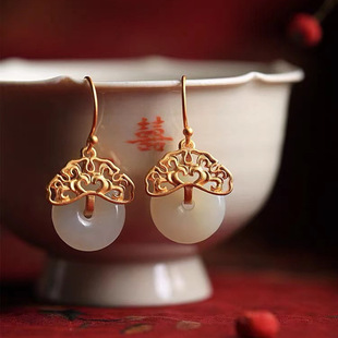 Chinese style 925 silver ancient gold natural Hetian white jade retro high-end safety buckle cheongsam Hanfu earrings