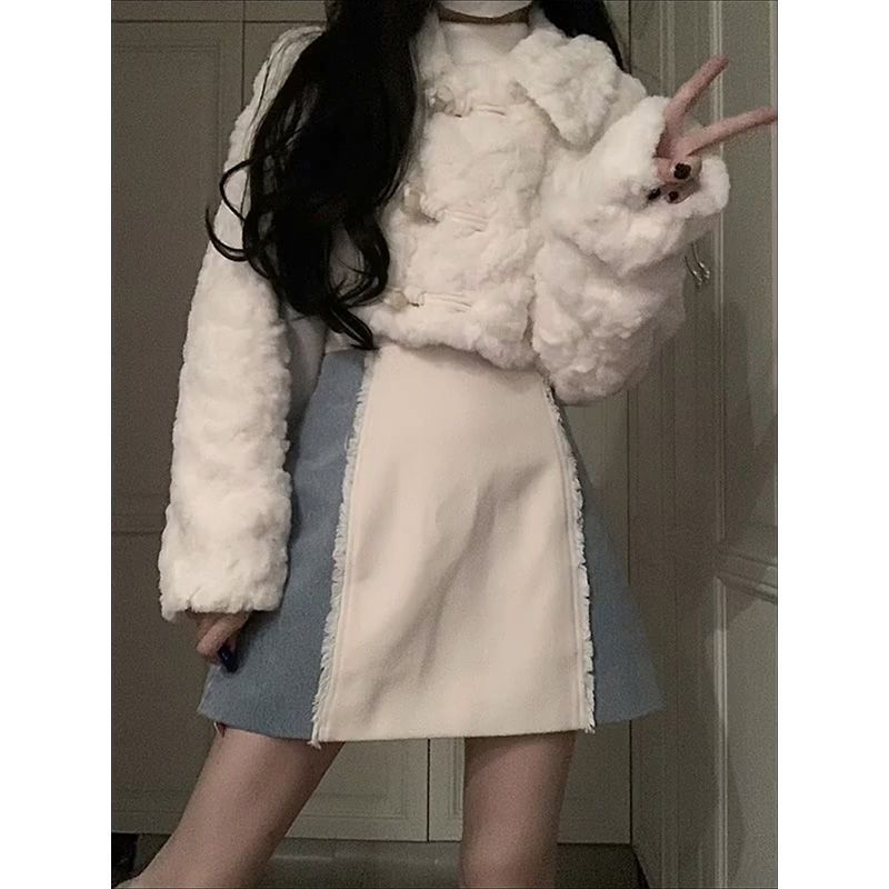 2025秋冬季新款女羊羔毛外套加绒加厚+撞色拼接半身裙套装两件套