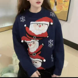 欧美跨境女装休闲圣诞老人提花毛衣开衫秋冬新亚马逊圣诞毛衣情侣